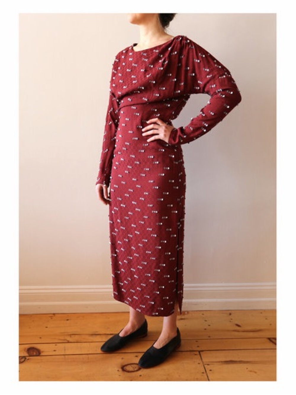 Rachel Comey New Haven Midi Dress Burgundy Seafoam Crepe Size 8 Side Slit